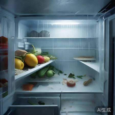冰箱不及时清洁，食物结霜成冰。