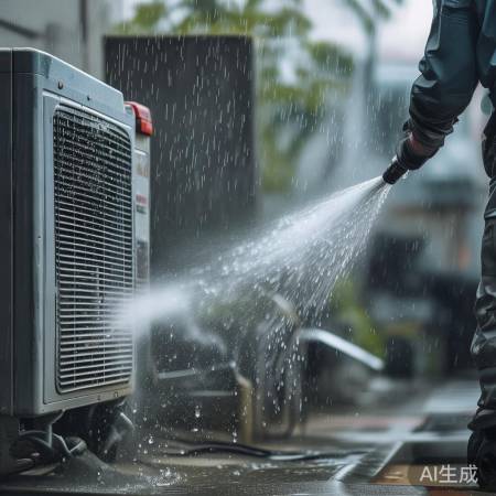 空调外机清洁：高压水枪冲洗，干