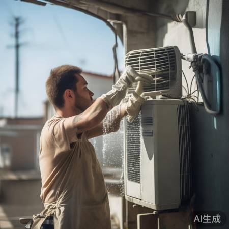 “戴手套围裙，擦空调外机”