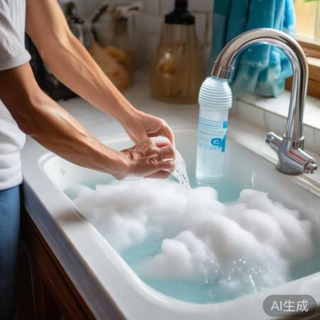 白醋稀释，溶解泡沫，清洁洗衣机