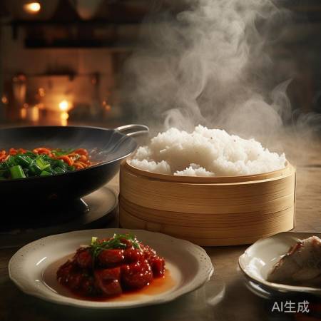 蒸饭时，备红烧肉、清蒸鱼、炒青